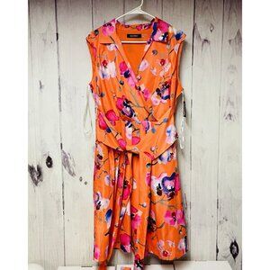 Ellen Tracy Orange Multicolor Floral Sleeveless Dress Size 12 High Low Tie